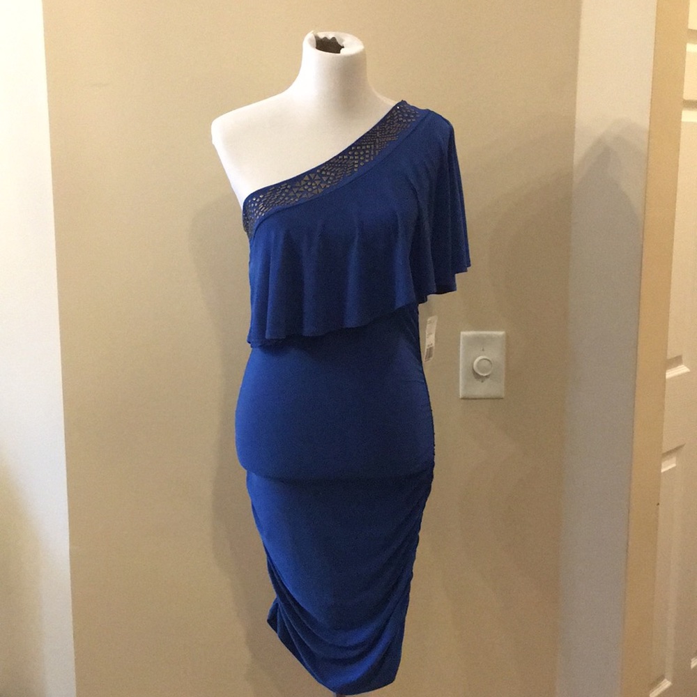 Blue one shoulder/ sleeve mid-length dress
